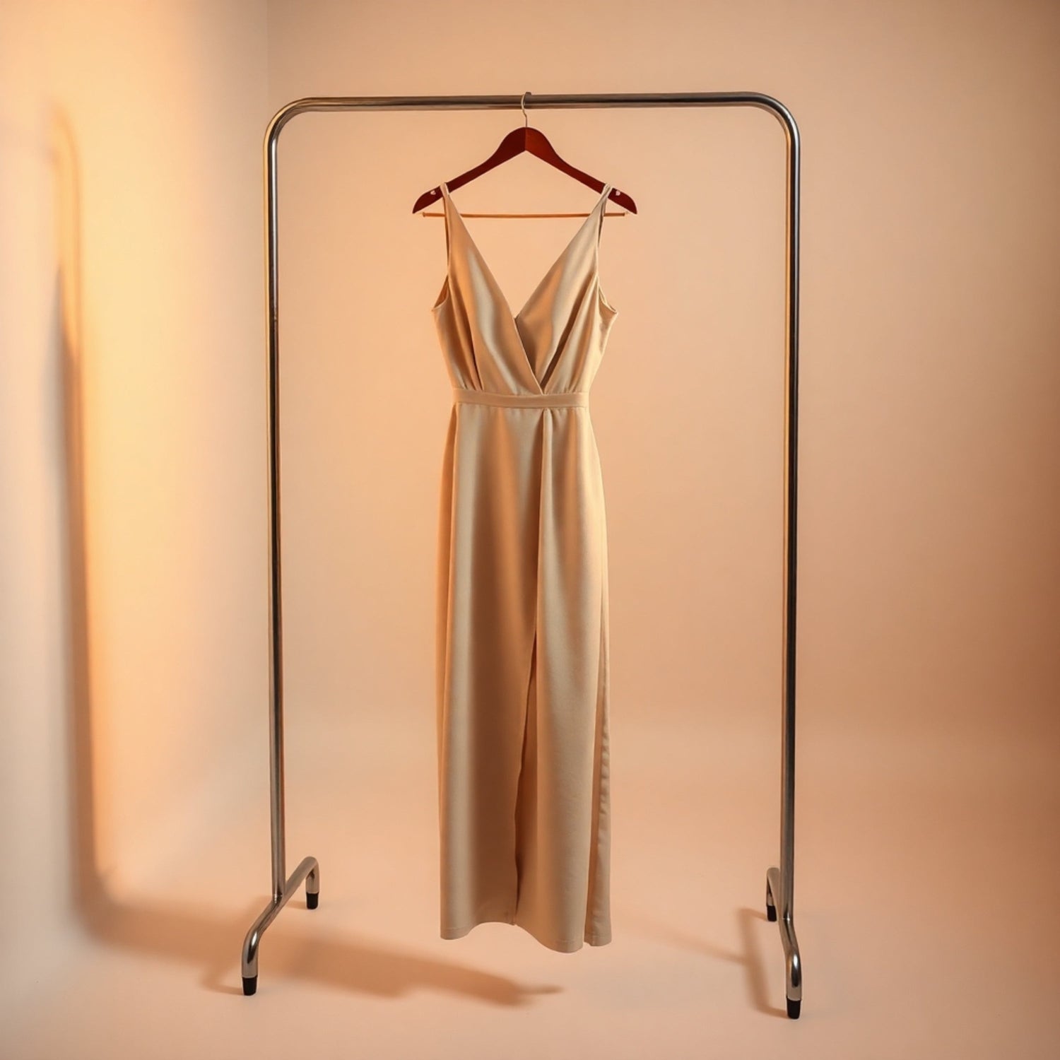 Realistic display of a stylish women's dress hanging on a minimalist clothing rack in a well-lit studio. Soft blush pink fabric with elegant draping, showcased against a neutral background. Ideal for fashion website's "Dresses" section hero image.