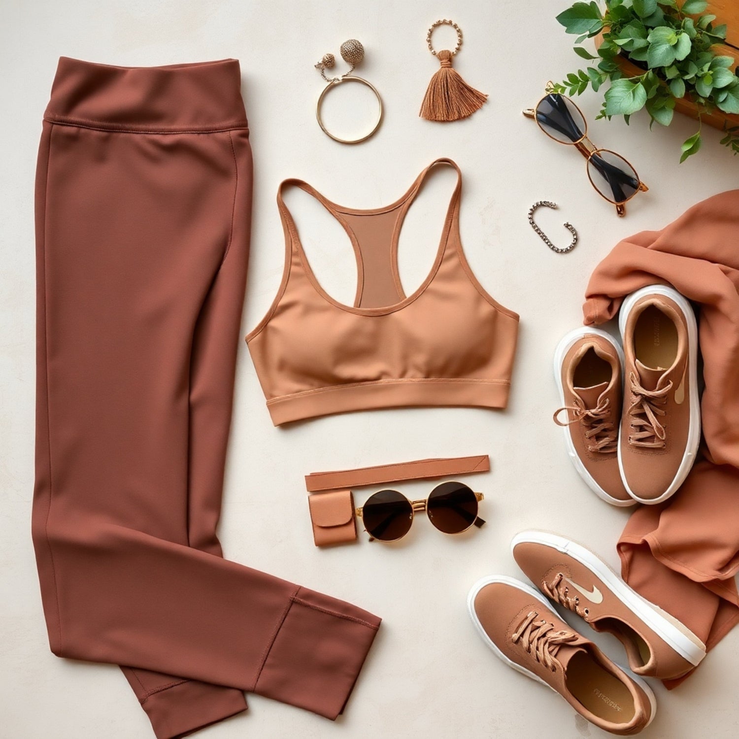 Realistic flat lay of women's gym wear including black leggings, matching sports bra, and sneakers on a textured surface. Surrounded by fitness accessories like a towel, water bottle, and earbuds. Soft natural lighting highlights fabric details.