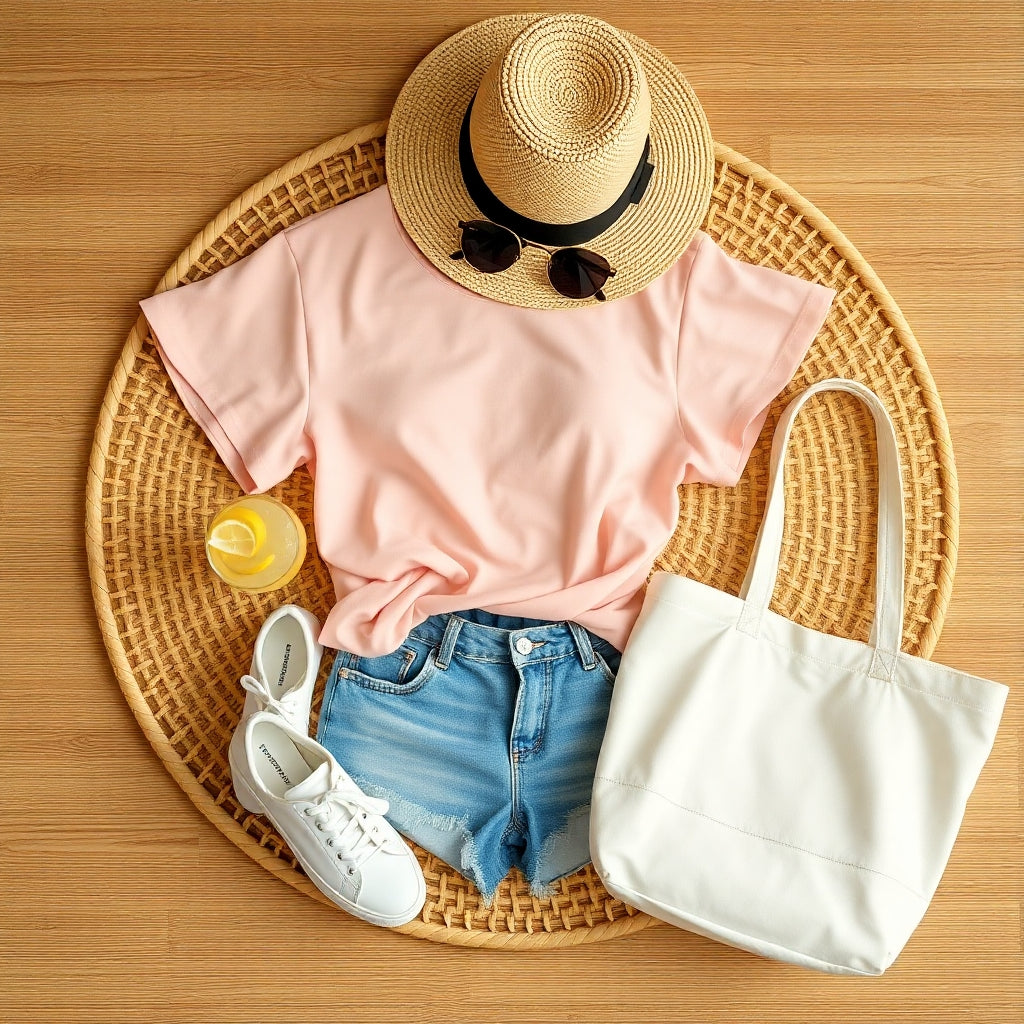 Flat lay of women's summer casual outfit on a rattan mat featuring a pastel T-shirt, denim shorts, white sneakers, straw hat, sunglasses, canvas tote bag, and a glass of lemonade, all lit by warm natural sunlight for a relaxed summer vibe.